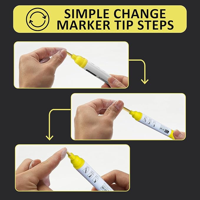 Bright Yellow Dry Erase Markers for Black Glass Board, 2-in-1 Reversible Dual Tip - Bullet & Fine, Easy Clean Grip Liquid Chalk Pens for Acrylic Board, 10 Pack