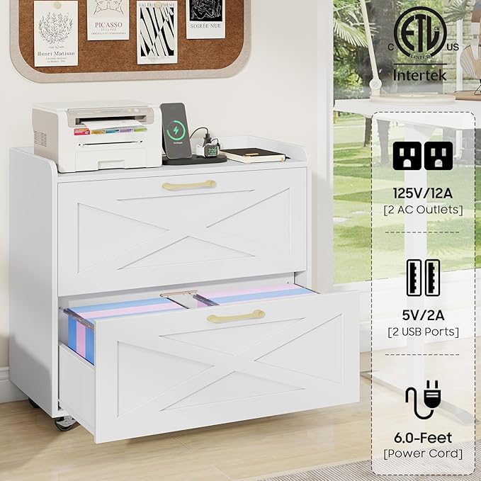 Lateral File Cabinet 2 Drawers Mobile File Cabinet with Charging Station for Letter/Legal/A4 Size Hanging Files, Large Wood File Storage Cabinets Printer Stand for Home Office, Simple White