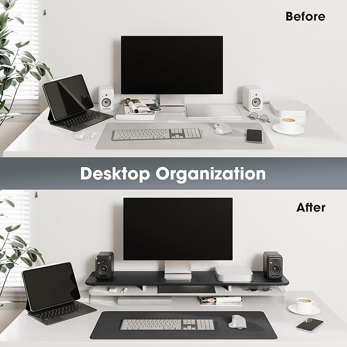 Fenge Acrylic Monitor Stand Riser, 42.5 Inches Dual Monitor Stand with Metal Storage, 2 Tier Acrylic Computer Riser for Desk, Clear Laptop Stand for PC, Laptop, Printer, TV, Black