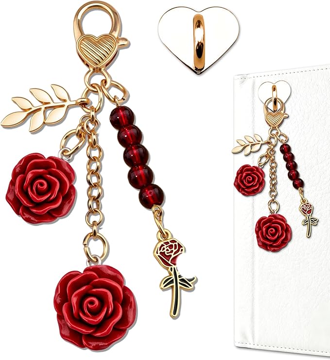 Rose Purse Charms Cute Flower Keychain With Heart Sticker Charm Chain For Kindle Colorful Bag Charms For Handbags
