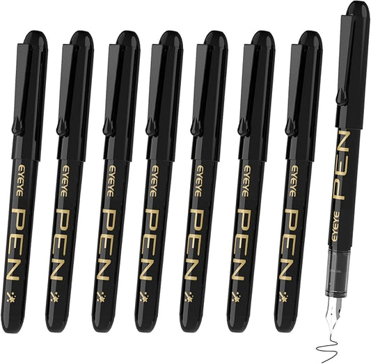 EYEYE Disposable Fountain Pens, 8 Pack Black Fine Point Pens Calligraphy Pens for Writing, Stainless Steel Nib, Smooth Writing for Journaling, Drafting, Sketching, Doodling & Office Supplies
