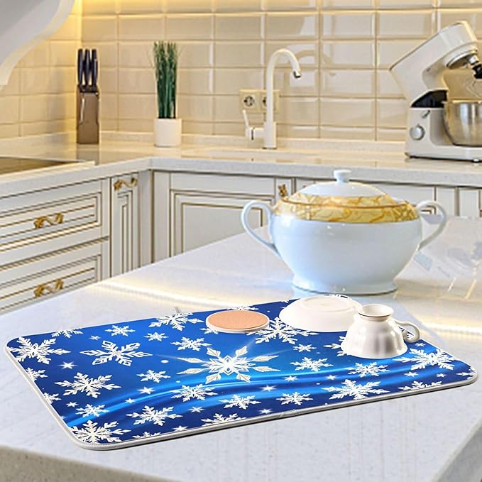 Christmas Blue Snowflakes Dish Drying Mat for Kitchen Counter 16 x 18 Snow Flakes Microfiber Dry Dishes Mats Drainer Mat Dish Drying Pad for Countertops