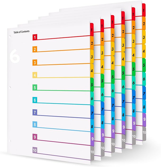 Tab Dividers for 3 Ring Binders – 6 Sets, 1–10 Numbered Index Dividers with Table of Contents – 8.5 x 11 in, 3-Hole Punched – Binder Dividers for School, Office, Filing, Organizing - 6 Pack