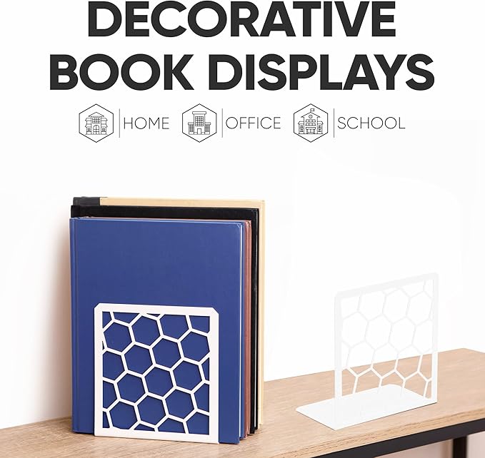 GEOMOD Geometric Honeycomb White Metal Bookends Decorative - Tall Sturdy Book Ends for Shelves - Modern Heavy Duty Bookend Stopper - Office or Home Book Shelf Book Holder - 6x3.25x6.25 Inches - 1 Pair