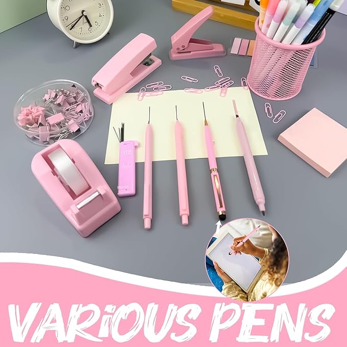 Pink Desk Accessories Set, 17Pcs Pink Office Supplies Kit Include Mesh Desk Organizer, Stapler, Tape Dispenser, Staple Remover, Pen Holder, Clips, Pens, Ruler, for Office Home School Women