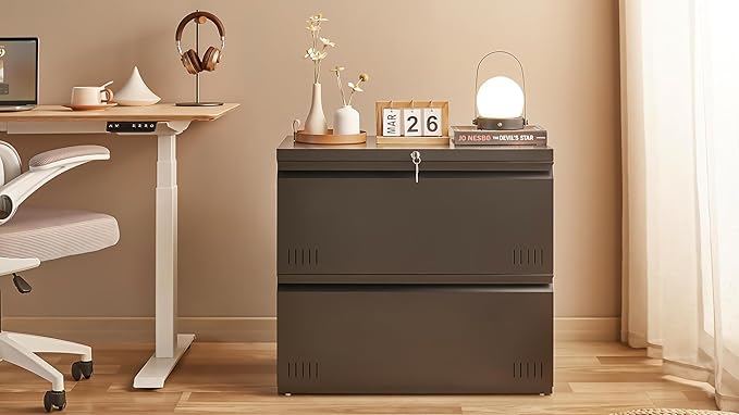 Metal File Cabinet with Lock, 2 Drawer Lateral File Cabinets for Home Office, Printer Stand, Heavy Duty Office Storage Cabinet for A4/Letter/Legal Size, Assembly Required(Black)