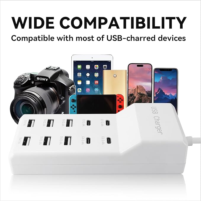 USB Charging Station, 10 Ports Family-Sized USB C Charger Block,USB Power Strip for Smart Phone Tablet Laptop Computer (1 Pcs)
