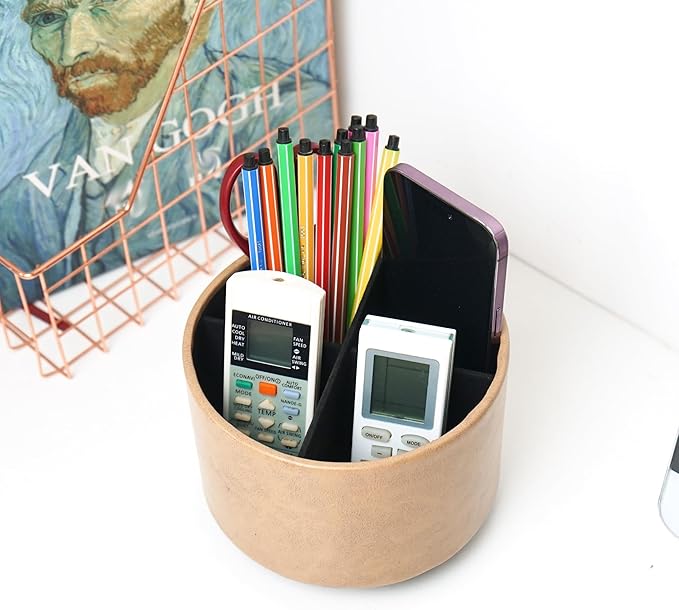 Hennaja Round Leather Art Supply Organizer,Remote Control Holder,360 Degree Spinning,Multi-Functional Pencil Holder,4 Compartments Desktop Stationary Organizer(1-Oil Yellow)