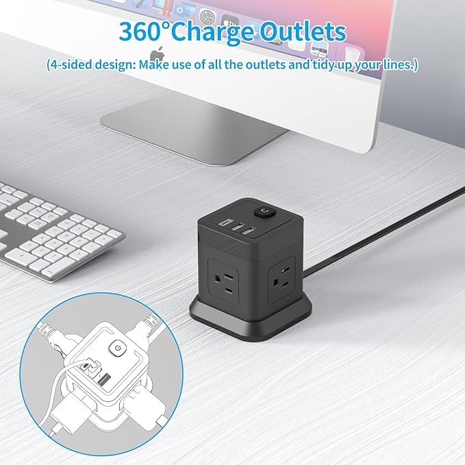 Power Strip with USB, FDTEK Flat Plug Extension Cord with 4 AC and 3 USB, 5 FT Power Cord Desktop Charging Station, Overload Protection, Compact Portable for Travel Home Office Cruise Ship - Black