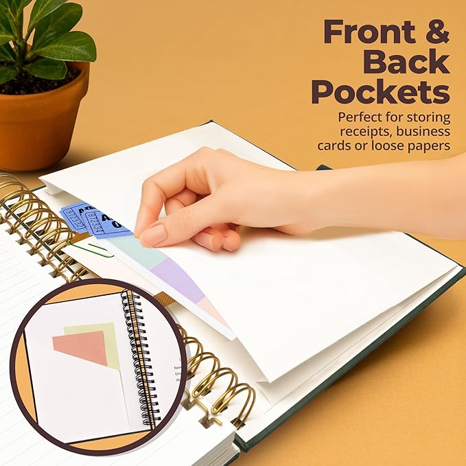 Hardcover Leather Lined Spiral Notebook 8x10" with Removable Dividers - Green - 300 Pages 5 Subject College Ruled Notebook for Work with Tabs, Pockets, and Pen Loop for Note Taking, Large Journal