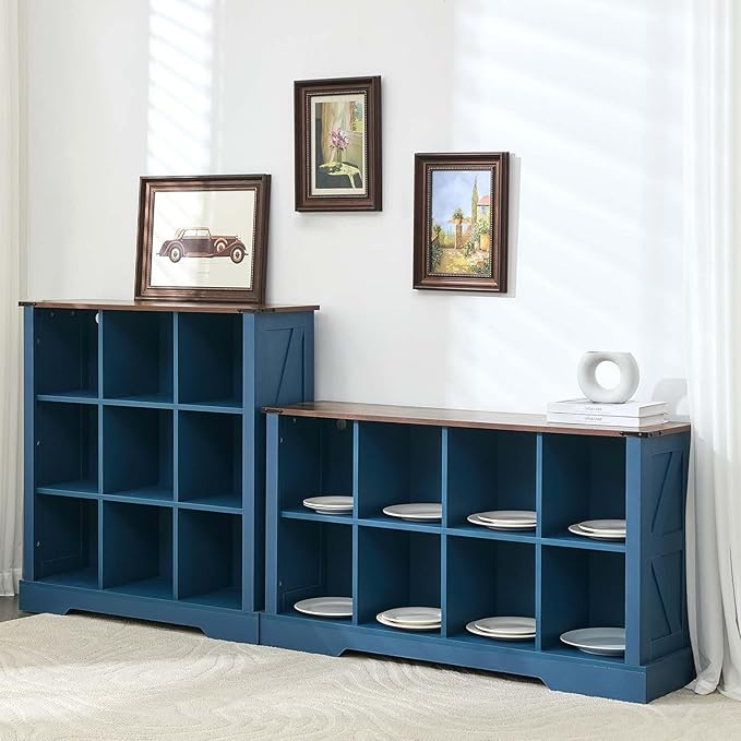 9 Cube Storage Organizer, 3 Tier Bookshelf for Living Room, Farmhouse Bookcase with Led, Kids Toy Storage Cabinet, Wall Cubby Shelves for Home Decor, Wood Display Cabinet for Bedroom, Blue