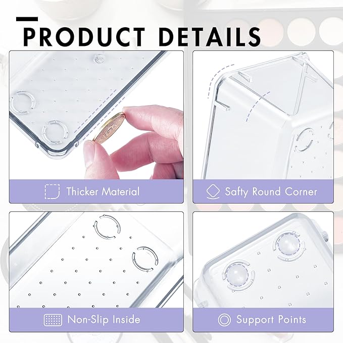 HOUSE DAY Desk Drawer Organizer Bins 8 PCS, 9*3*2" Clear Drawer Organizers with Silicone Pads, Vanity Organizers and Storage, Non Slip Plastic Drawer Organizer for Makeup, Bathroom, Kitchen, Office