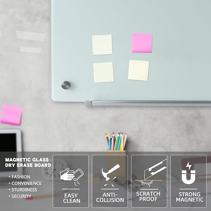 Glass Magnetic Dry Erase Board 60"x40" Frameless Wall Mounted Glass Whiteboard for Wall, Magnetic White glassboard 60"x40" for Office, Home & School