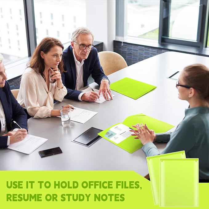 Henoyso 36 Pcs Plastic Folders with Clear Front Pockets Heavy Duty File Folders with 2 Pockets and Card Slot for Student Communication School Office Presentation Report (Fluorescent Green)