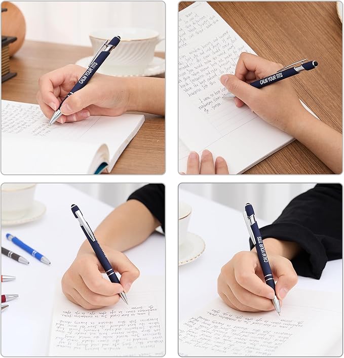 Funny Pens - 12 Pack Fine Point Smooth Writing Pens with Inspirational Tips, Black Ink, Touch Stylus Screens, Motivational Gift for Office & Desk Accessories