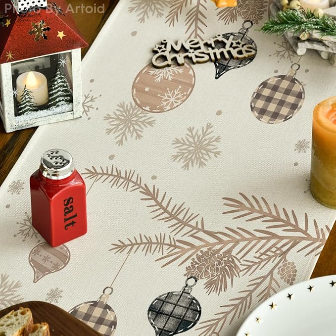 Artoid Mode Brown Pine Trees Snowflake Merry Christmas Table Runner, Winter Xmas Holiday Kitchen Dining Table Decoration for Home Party Decor 13x72 Inch