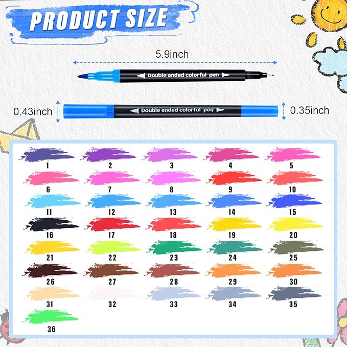 36 Colors Brush & Fine Dual Tip Art Markers Set for Adult Kids Coloring, Dual Tip Colored Pens Markers Quick Drying Without Fading ,Water Based Marker for Calligraphy, Journal ,Doodling,Painting