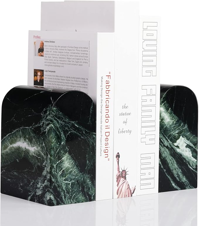 Koville Italian Natural Marble Bookends for Shelves, 13LBS Ultra Non-Slip Book Ends, Heavy Duty Marble Book Holders Organizer, Bookshelf Apartment Decor for Movies/CDs/Video Games(Verde Remeggiato)