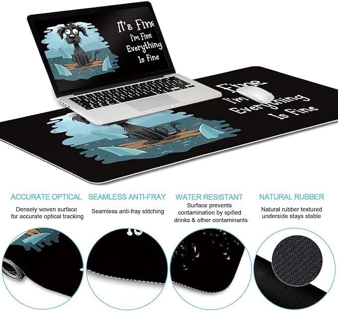Funny Dog Mouse Pad Set Large Desk Mat With Wrist Rest for Gaming, Ergonomic Mousepad, Keyboard Mat, Cup Coaster Set, Office Accessories - It's Fine