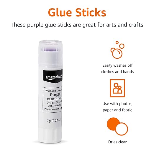 Amazon Basics Purple Washable School Glue Sticks, Dries Clear, Non-Toxic, 0.24-oz Stick, 60-Pack