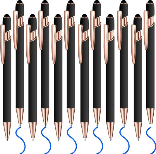 12 Pcs Blue Ink Ballpoint Pen with Stylus Tip, 1.0 mm Metal Pen Stylus Pen for Touch Screens, 2 in 1 Thank You Pen Gift for Friends, Colleagues, Coworker, Office, Family (Black Rose Gold)