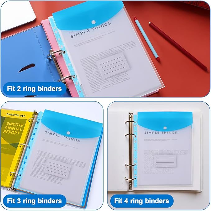18 Pcs Binder Pocket Organizer Folders, Expandable Folders Plastic Envelopes Binder Folders with 11 Holes for 2/3/4 Ring Binder, Document Pouch with Snap Button and Label for School Office Home