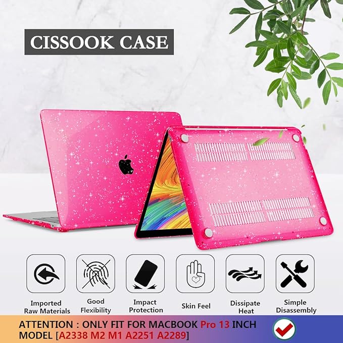 CISSOOK Compatible with MacBook Pro 13 inch Case M2 M1 2025-2016 Release A2338 A2251 A2289 A2159 A1706 Model with Touch Bar, Sparkly Plastic Hard Shell &Keyboard Cover, Rose Pink Glitter