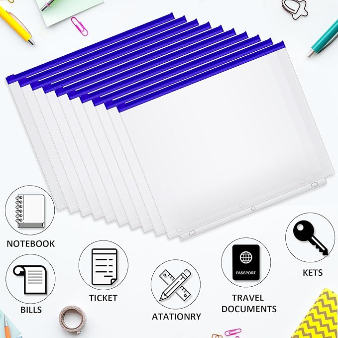 40 Pieces Binder Pockets 3 Hole Zipper Pouch 3 Ring A4 Pockets with Zipper Binder Folders Plastic Pouches Loose Leaf Bags Waterproof PVC Document Filing Bag(Blue,A4)