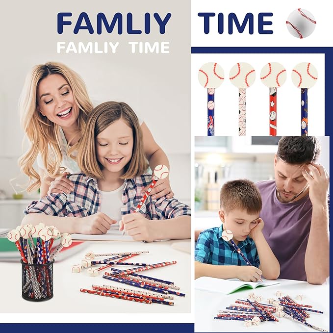 48 Pcs Baseball Pencils and Erasers for Birthday Gifts Baseball Favors Assortment Stationery Pencils for Students Office School Supplies Classroom Rewards.
