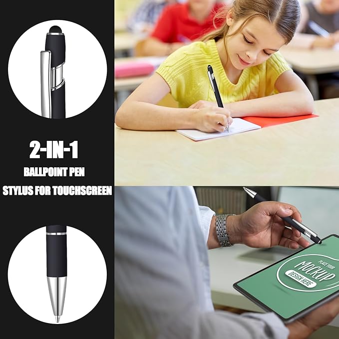 24 Pcs Blue Ink Ballpoint Pen with Stylus Tip 2 in 1 Ballpoint Pen 1.0 mm Blue Ink Metal Stylus Pen for Touch Screens Coworkers, Family, Colleagues, Office (Black)