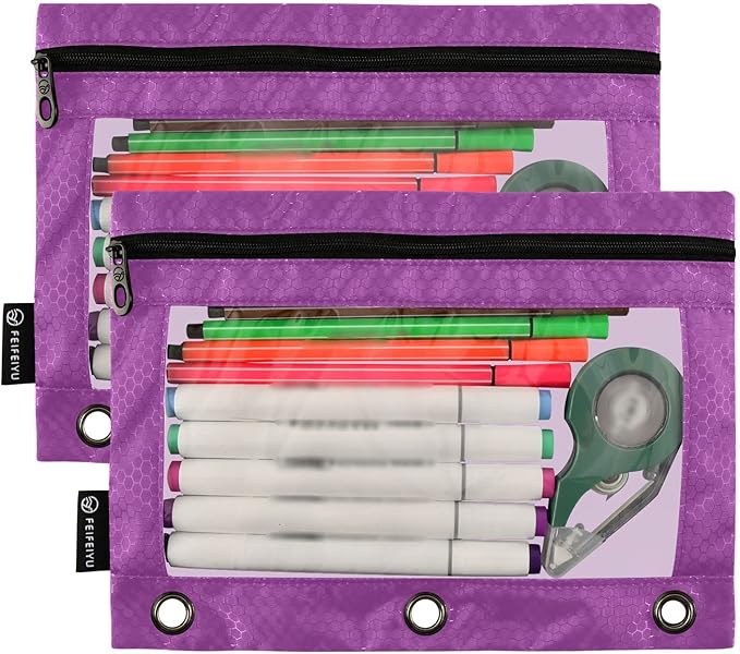 Gredecor Binder Pencil Pouch 3 Ring Purple Zipper Pencil Pouches Case 2 Pack Clear Window Binder Organizer for School Office