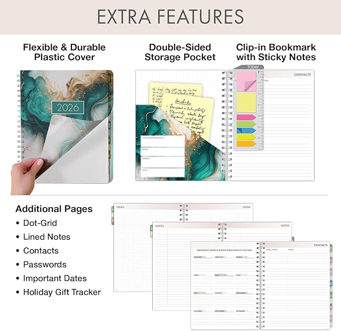 Essential PRO 2026 Daily, Weekly & Monthly Planner, 7"x9": 14 Months (Nov 2025 - Dec 2026) Monthly Tabs,Daily Tracking,Notes Pages,Storage Pocket,Bookmark w Sticky Notes (Teal Gold Marble)