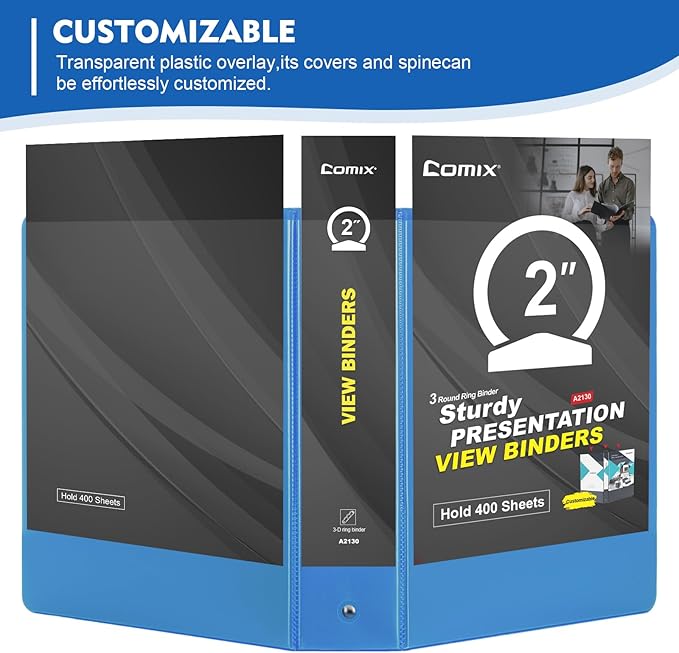 COMIX 3 Ring Binder 2 inch with Clear View Cover, 2" View Binder Holds 450 Sheets of US Letter Size Paper, 6 Pack (Light Blue)