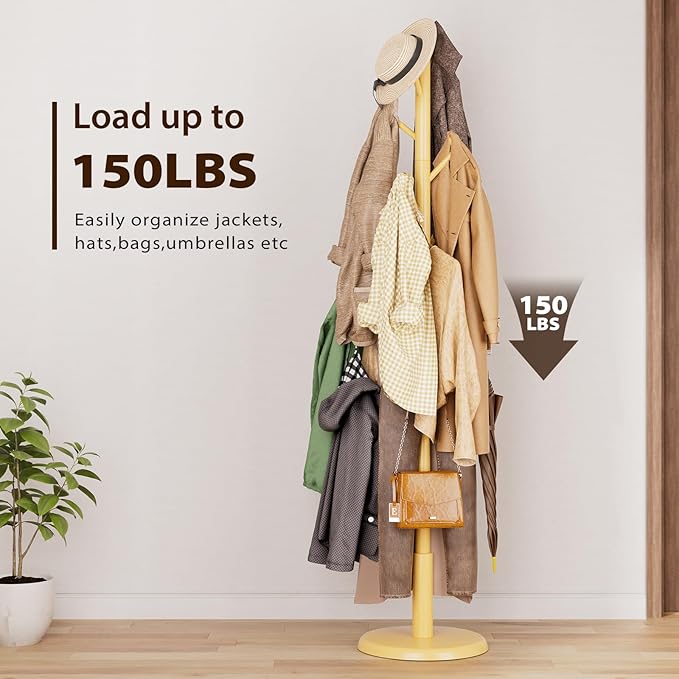 Solid Wood Coat Rack Freestanding Coat Tree with 10 Hooks for Bedroom, Livingroom, Entryway, Sturdy Coat Hanger Stand for Hats, Coats, Scarves, Handbags, Purses