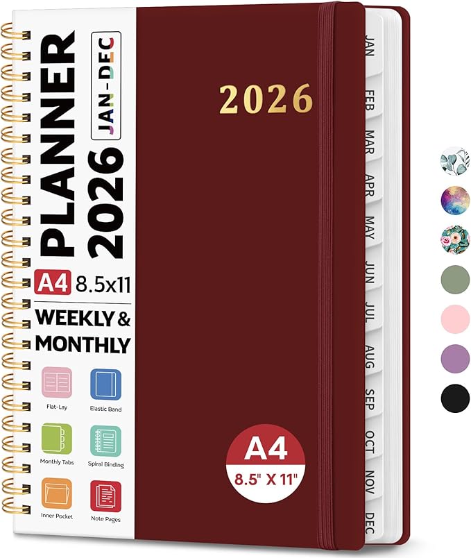 2026 Planner 8.5" x 11", Weekly and Monthly Calendar Planner Book, January 2026 - December 2026, Hardcover Spiral Planner with Monthly Tabs, Notes Pages, Perfect for Women & Men, A4 - Burgundy