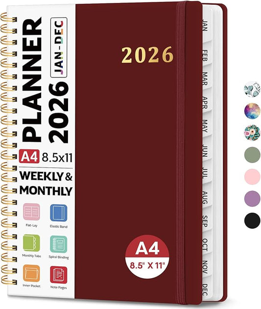 2026 Planner 8.5" x 11", Weekly and Monthly Calendar Planner Book, January 2026 - December 2026, Hardcover Spiral Planner with Monthly Tabs, Notes Pages, Perfect for Women & Men, A4 - Burgundy