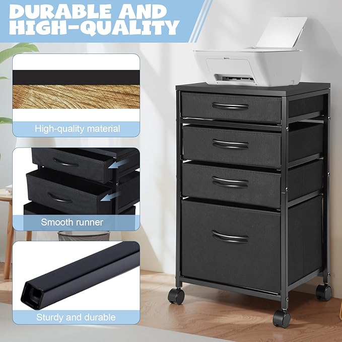 Chunful 4 Drawer Rolling File Cabinet Mobile Printer Stand Metal Cart with Fabric Vertical Filing Chest Wheels A4 Letter Size Under Desk Utility Craft Storage Organizer for Home Office (Black)