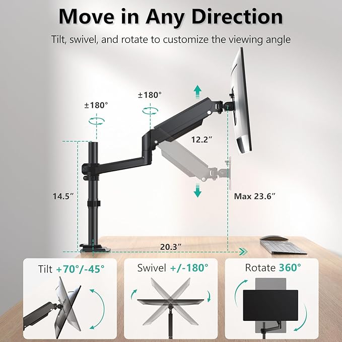 WALI Single Monitor Arm 13-32 Inch, Single Monitor Mount, Vesa Desk Mount up to 19.8lbs Gas Spring Arm with Clamp, VESA 75x75mm or 100x100mm Compatibility(GSDM001), Black