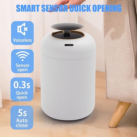 URALFA Motion Sensor Trash Can with Lid, 3 Gallon / 11 L Automatic Bathroom Trash Can, Touchless Trash Bin, Smart Plastic Garbage Can for Bedroom, Kitchen, Living Room, Office, White