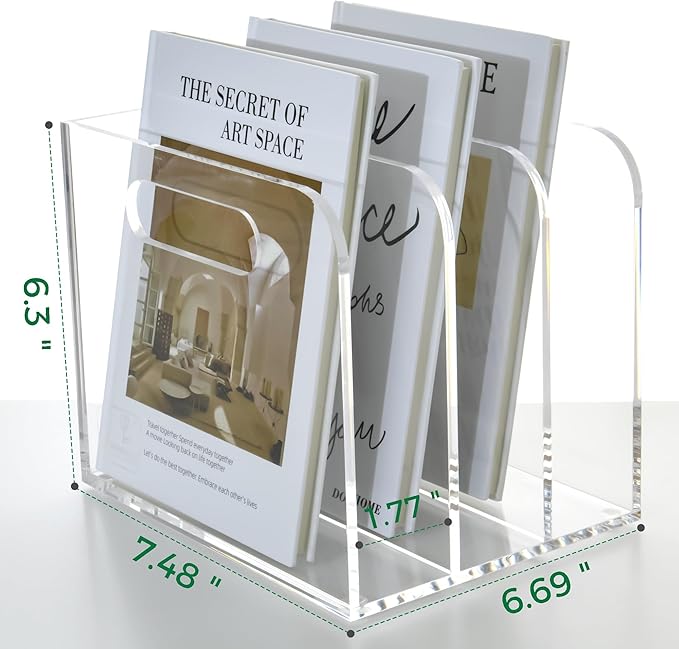 3 Vertical Compartments Clear Acrylic Desk Document Organizer & Storage Bins for Magazines, Binders, Notebooks, and Envelopes - Multipurpose Home Office Organizer - Innovative handle design