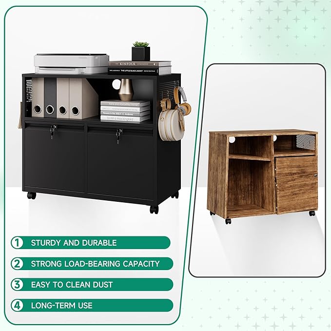 Letaya Mobile 2 Drawer File Cabinet with Lock, Metal Lateral Printer Stand Filing Storage Cabinets with Shelves for Home Office-A4/F4/Letter (Black)