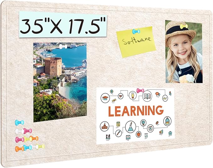 Bulletin Board - 35 x 17.5 inches Decorative Felt Pin Board - Cork Board Alternative for Wall - Foldable Photo Board Self-Adhesive Prayer Board with 20 Pushpins - Oatmeal