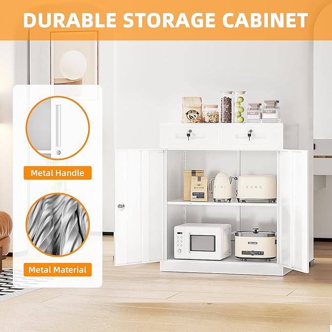 INTERGREAT Metal Cabinets with Drawers,White Metal Storage Cabinets with Doors and Shelves for Garage,Locking Garage Storage Cabinets Drawer 42"×36"×18"