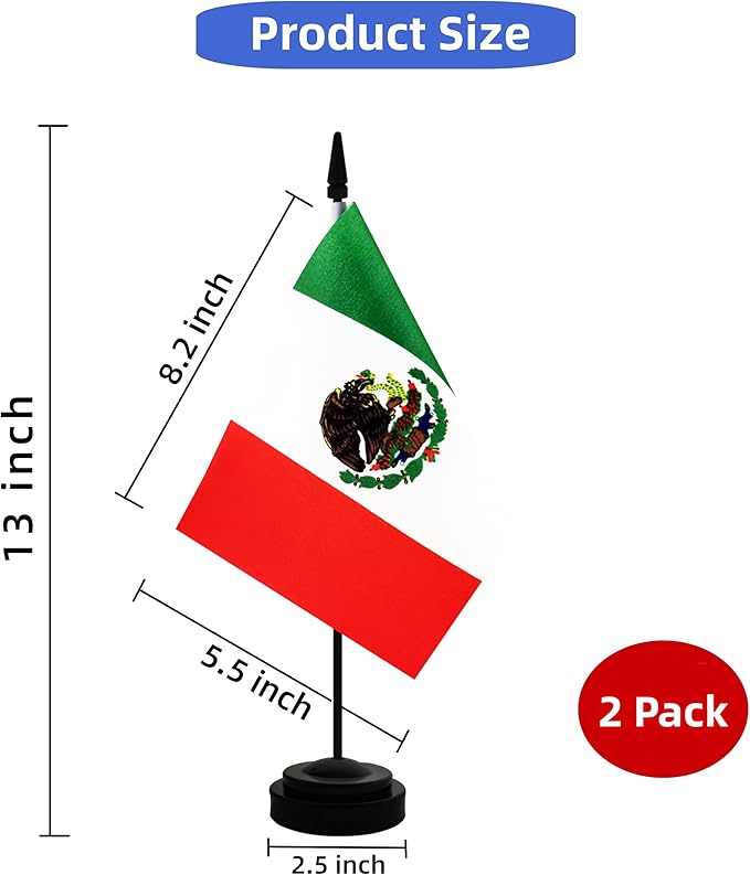 2 Pack Mexico Desk Flag, Mexican Table Office Flag with Solid Pole and Stand Base, International Country Flag, Festival Celebration, Classroom Meeting Desktop Decoration (Mexico)