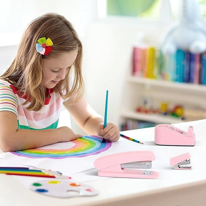 Office Desk Accessories, Pink Office Supplies Set Desk Accessories for Women, Cute Office Supplies with Stapler, Mini Stapler, Staple Remover, Tape, Clips, Scissor and Tabs, Stationary Set for Student