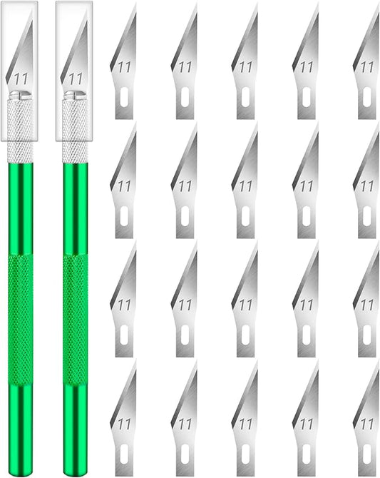 DIYSELF 2 Pack Exacto Knife Set, Precision Knife for Paper, Carving Blades for Crafts, Craft Knife for Wallpaper, Art Knives, Hobby Knife with 20 High Carbon Steel Exacto Knife Blade #11(Green)