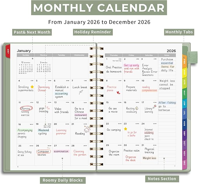 EMSHOI 2026 Planner - Weekly and Monthly Calendar (Jan-Dec), A5 (5.7"x8.3") Hardcover, 100GSM Thick Paper, PVC Cover, Inner Pocket, Colorful Tabs, Note Pages for Work School Home, Light Green