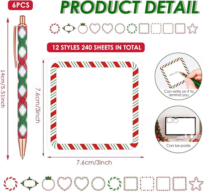 18pcs Christmas Style Ballpoint Pen and Sticky Notes Set, Bulk Office Supplies Gift Set for Adults, Suitable for Employee Appreciation Week, Household Use, Perfect Christmas Gifts