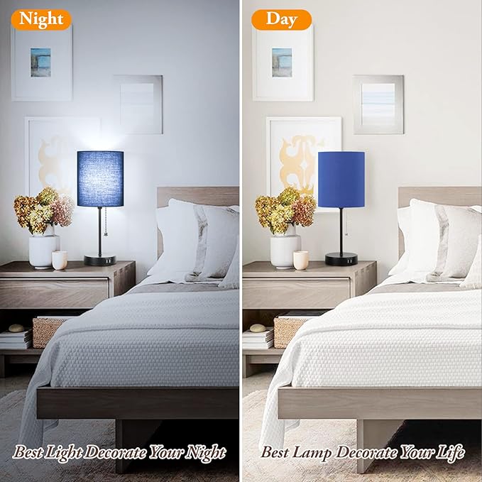 Table Lamps Set of 2 with USB Charging Ports, Blue Bedside Lamps with AC Outlet, Nightstand Lamps with Pull Chain Switch, Minimalist Modern Desk Lamps with Fabric Shade for Living Room Bedroom Office