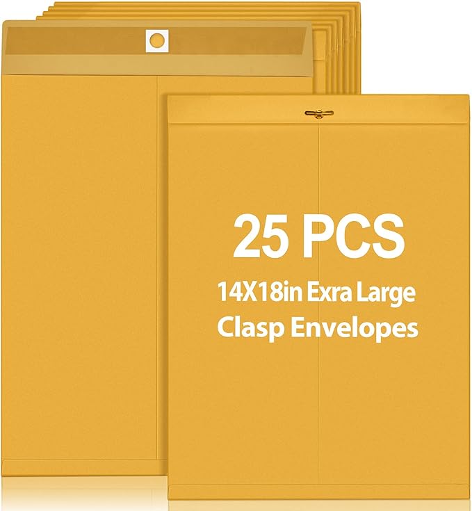 25 Pcs Clasp Envelope 14 x 18 Inch Large Manilla Envelopes with Clasp Closure 32lb for Mailing Thick Documents Home, Business, Legal or School Office Storing(Golden)